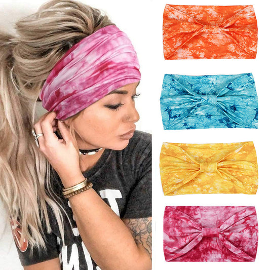 Pañuelo para la cabeza súper ancho para mujer con banda para el cabello absorbente del sudor deportivo con efecto tie-dye nuevo de estilo europeo y americano