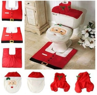 Cortina de baño navideña con diseño de Papá Noel y asiento de inodoro con adornos navideños