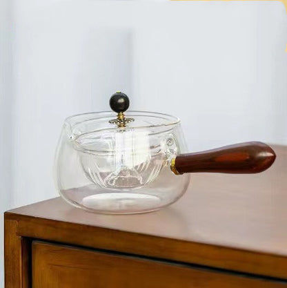 Tetera de vidrio resistente al calor, giratoria y semiautomática, para preparar té con infusor y mango de madera, accesorios para el hogar, oficina y cocina