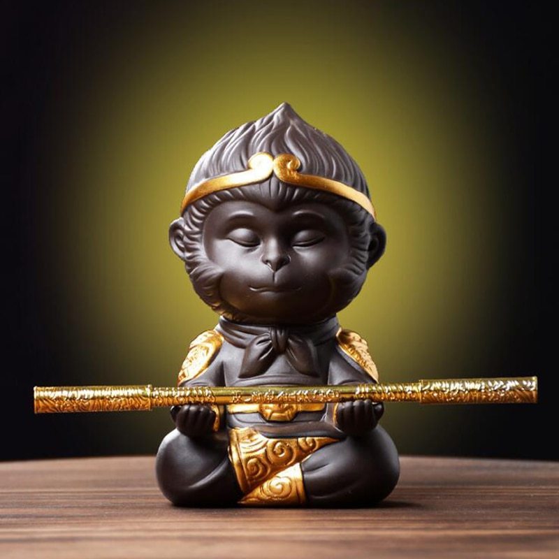 Chinese Purple Clay Kung Fu Tea Set Tea Pet Monkey King for Home Tea Tray Decoration Tea Tray Sun Wukong Statues Sculptures