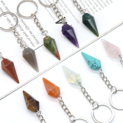 Natural Crystal Agate Stone Hexagonal Cone Keychain Bag Decorative Pendant