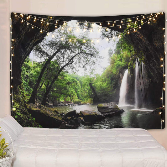 Tapiz hippie con estampado de cascada y cueva, tela de poliéster, decoración del hogar, alfombra para colgar en la pared, alfombras, cascada