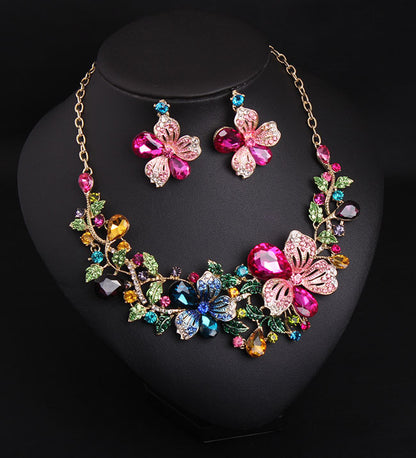 Europe and America luxury color flower crystal drill short clavicle Necklace Earrings Set women bride dinner dress ornaments