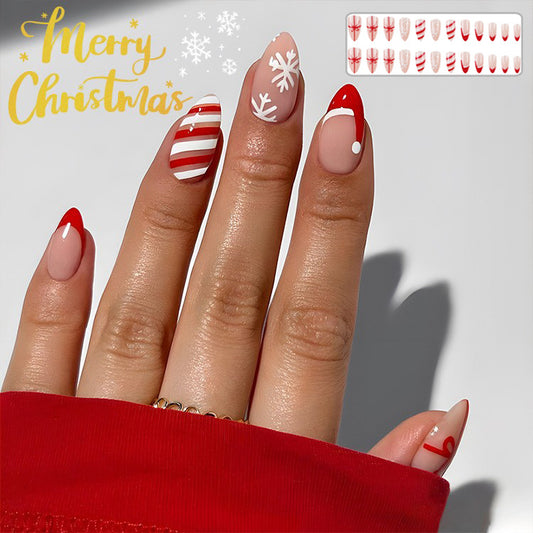 24 piezas de uñas postizas navideñas con diseño de copos de nieve a rayas para fiestas, bailes o ropa festiva