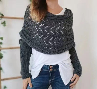 Chal de punto cálido para otoño e invierno, cuello chal de manga doble ahuecado para mujer, moda natural para el hogar y la fiesta