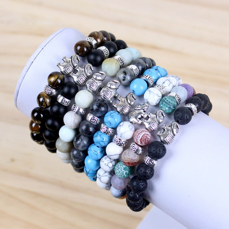 8mm Natural Volcanic Rock Colorful Stone Elephant Bracelet For Men