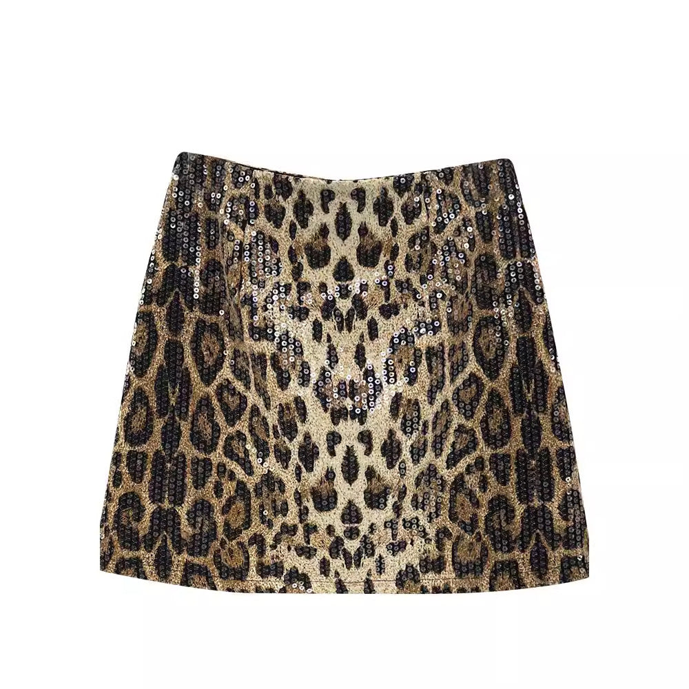 Falda con lentejuelas y estampado de leopardo de American Hot Girl para mujer