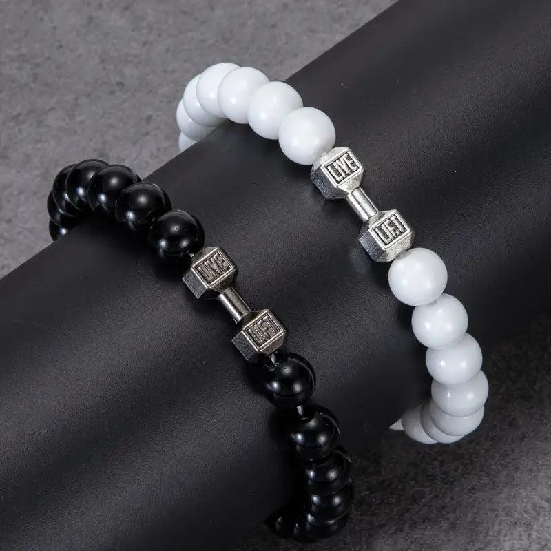 Pulsera elástica de plata con mancuernas de aleación negra brillante para hombre