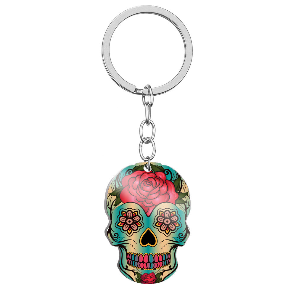 Day Of The Dead Skull Color Printing Stainless Steel Key Ring