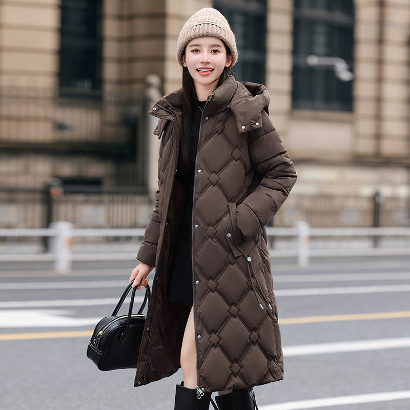 Abrigo acolchado de algodón con sombrero desmontable para mujer de largo medio para invierno