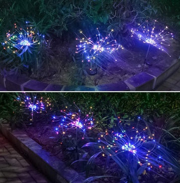 Nueva cadena de luces LED de fuegos artificiales solares con enchufe de tierra, cable de cobre, decoración de jardín al aire libre, luces de estrellas, luces navideñas