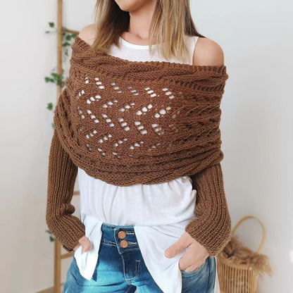 Chal de punto cálido para otoño e invierno, cuello chal de manga doble ahuecado para mujer, moda natural para el hogar y la fiesta