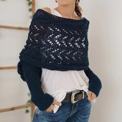 Chal de punto cálido para otoño e invierno, cuello chal de manga doble ahuecado para mujer, moda natural para el hogar y la fiesta