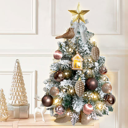 Mini árbol de Navidad de 2 pies con luz, decoración navideña artificial de bosque pequeño para mesa con nieve flocada, decoración exquisita y adornos navideños para mesa para el hogar y la oficina