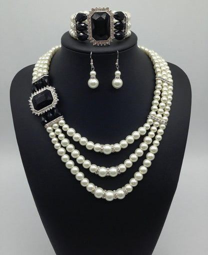 Conjunto de collar y pendientes de perlas y piedras preciosas de diamantes de moda europea, pulsera de cadena de novia múltiple, collar de tres piezas 