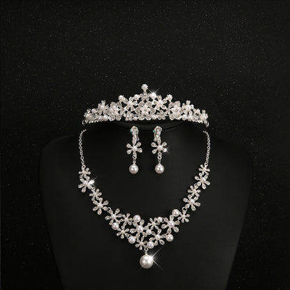 Bridal headdress, three sets of crystal flower necklace, diamond earrings, European and American Wind crown, wedding jewelry