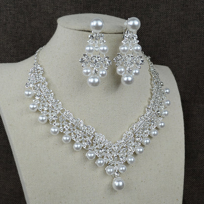 Collar de perlas blancas, conjunto de pendientes para el pelo y accesorios de boda para novia con diamantes 0284