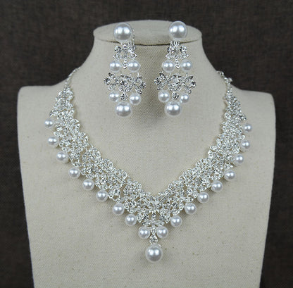 Collar de perlas blancas, conjunto de pendientes para el pelo y accesorios de boda para novia con diamantes 0284