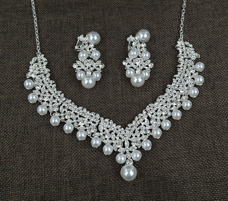 Collar de perlas blancas, conjunto de pendientes para el pelo y accesorios de boda para novia con diamantes 0284