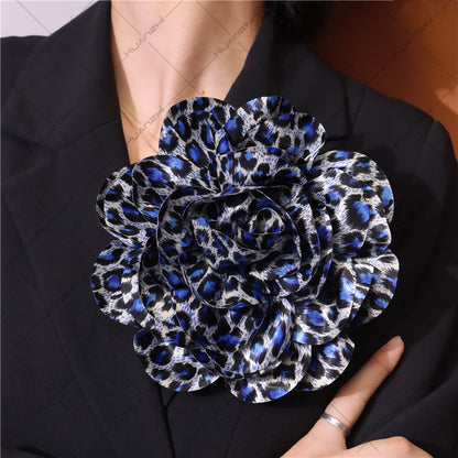 French Satin 19cm Fabric Exaggerated Leopard Large Flower Brooch