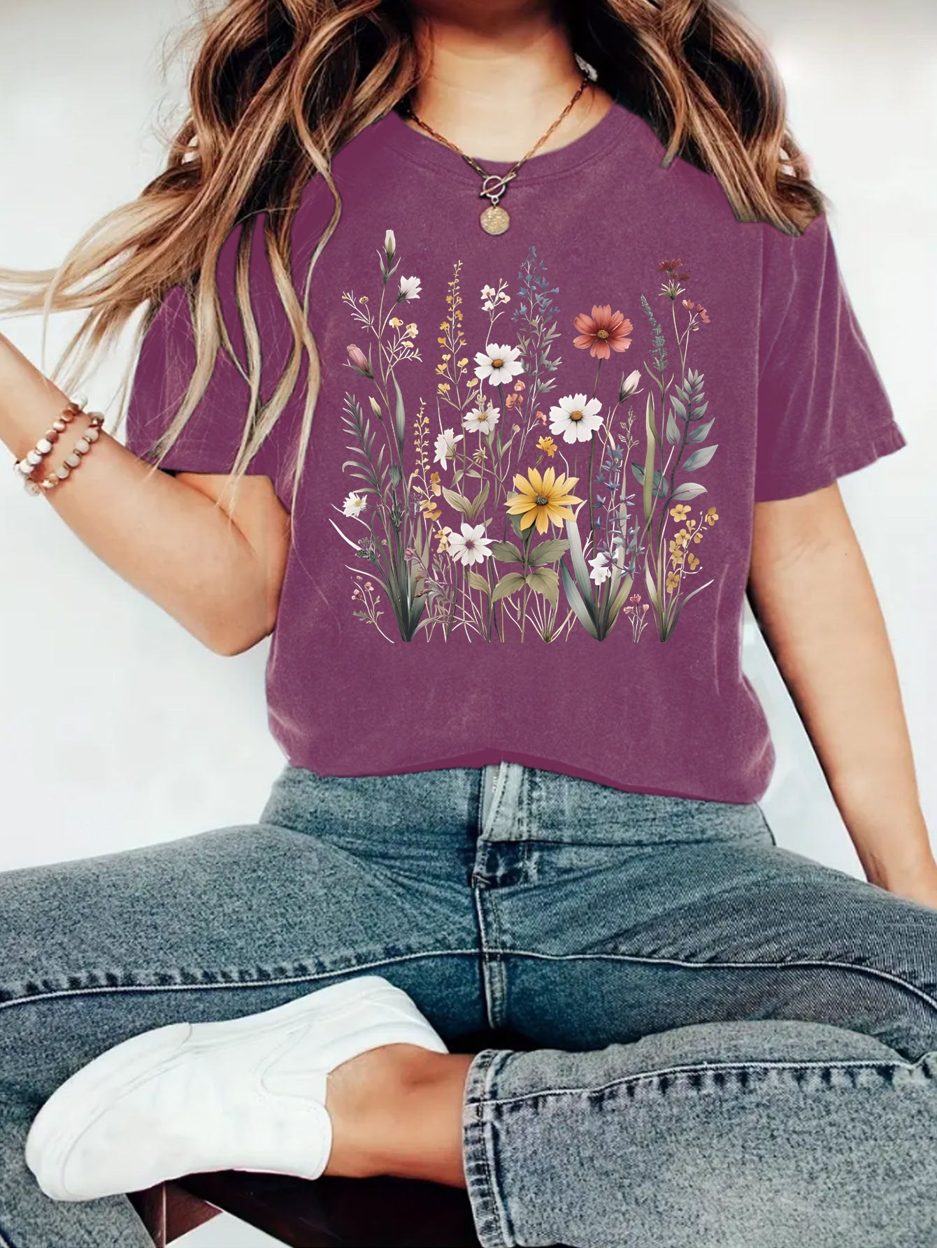 Camiseta de manga corta con estampado de flores y plantas para mujer, estilo europeo y americano, para verano