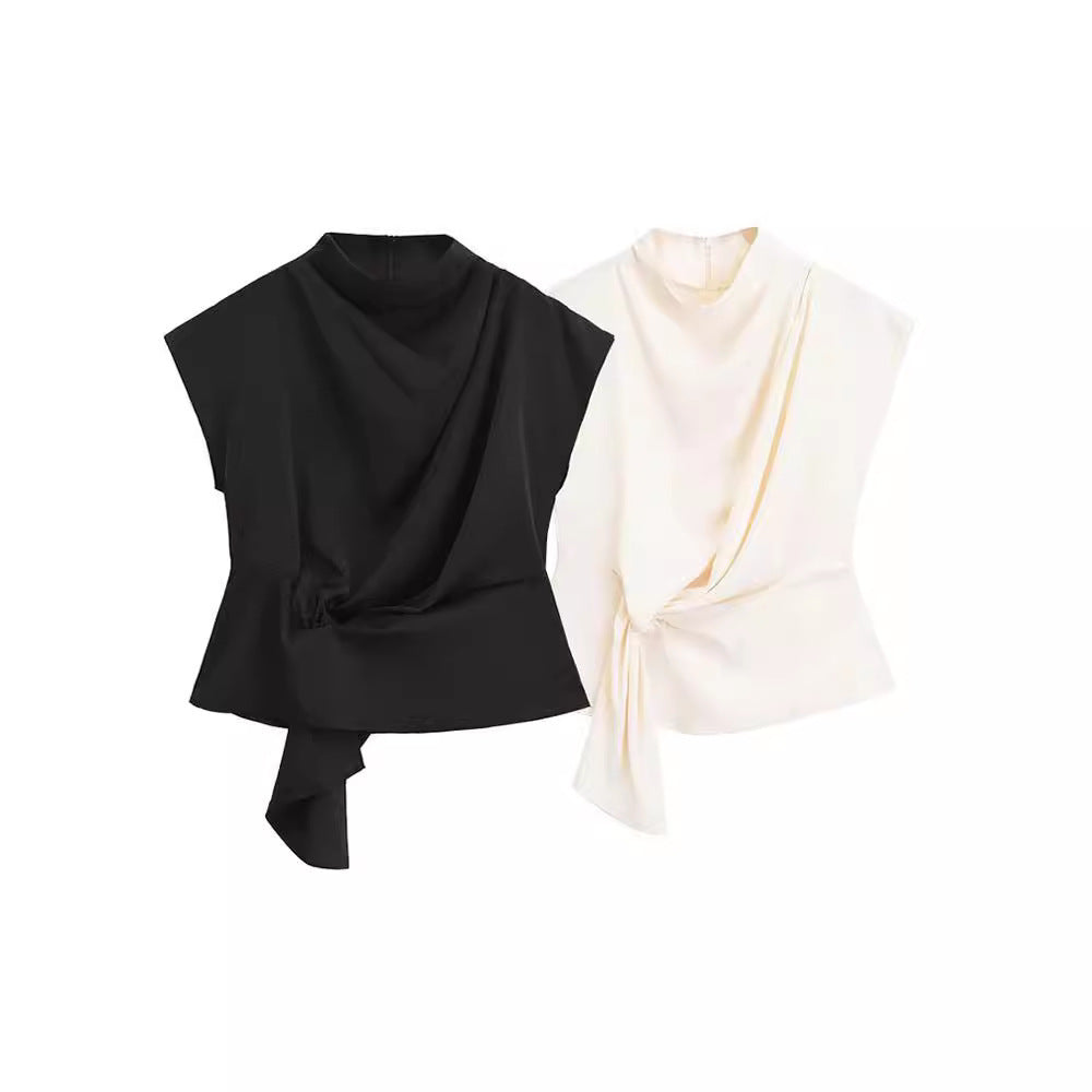 Blusa peplum con cuello alto informal de moda francesa