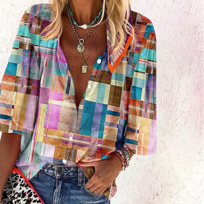 Camisa suelta con cuello alto para mujer, con estampado geométrico retro bohemio, colorida, para primavera y otoño