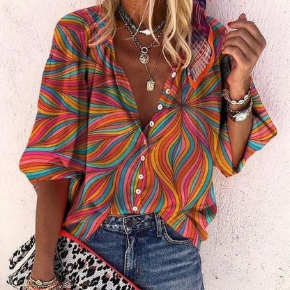 Camisa suelta con cuello alto para mujer, con estampado geométrico retro bohemio, colorida, para primavera y otoño