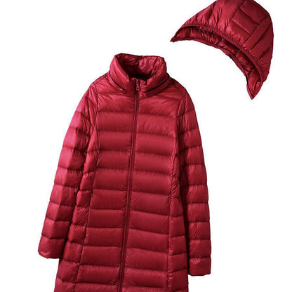 Chaqueta de plumas para mujer, de longitud media, con capucha, ligera, cálida y con gorro desmontable