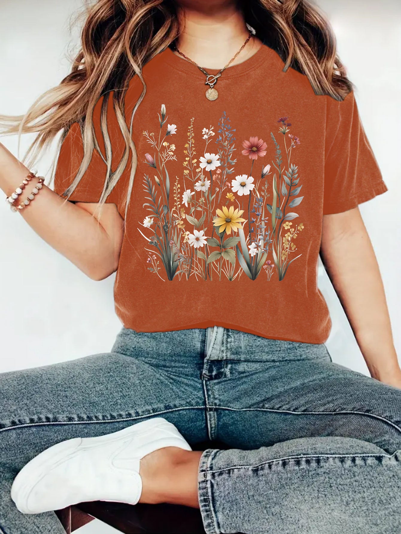 Camiseta de manga corta con estampado de flores y plantas para mujer, estilo europeo y americano, para verano