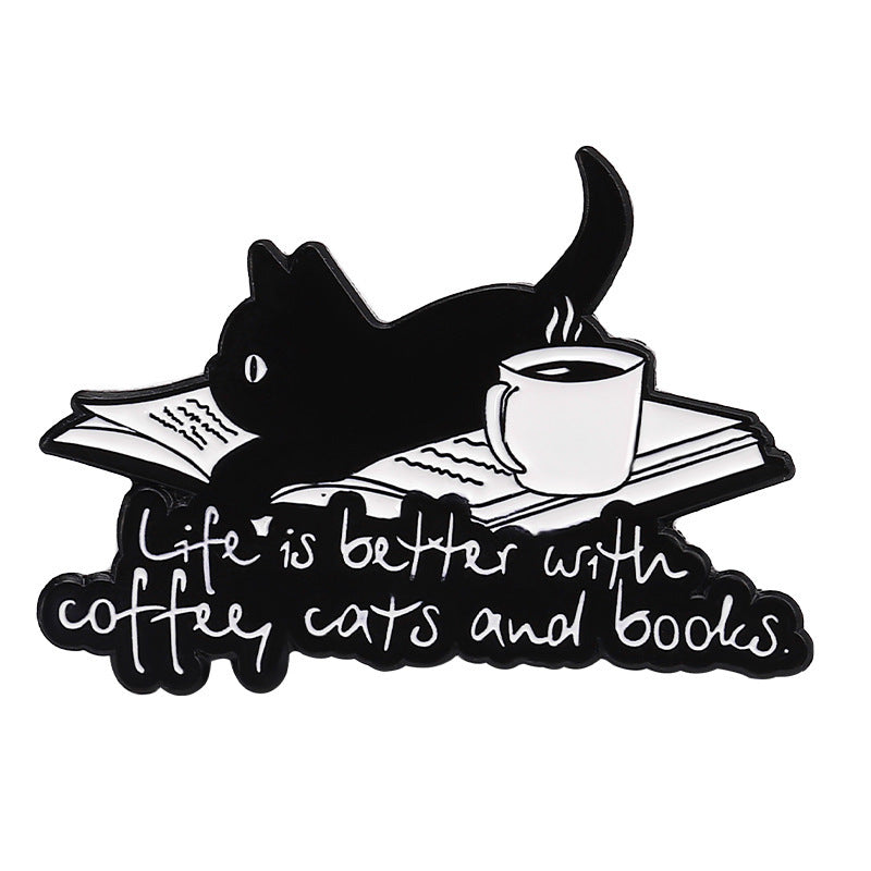 Little Black Cat Brooch Coffee Crawling On The Book