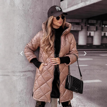 Chaqueta de invierno con capucha y relleno de algodón de longitud media para mujer