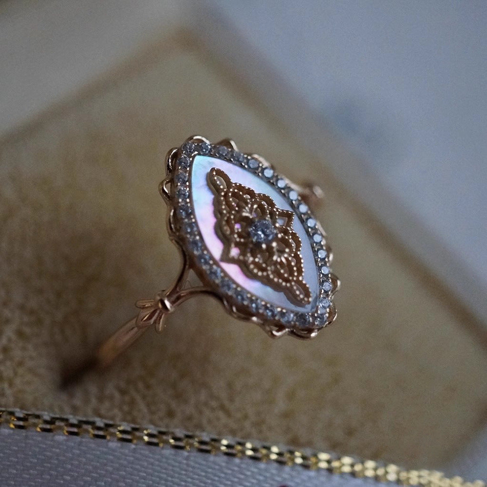 White Shell Hollow Lace Inlaid Zircon S925 Sterling Silver Gold Plated Ring