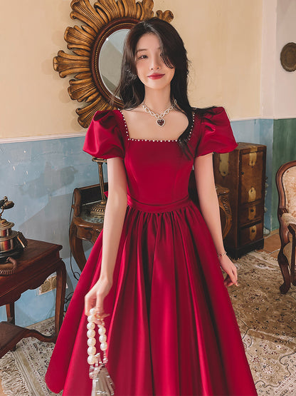 Vestido de satén estilo princesa francesa para uso diario, color vino tinto, para compromiso en invierno