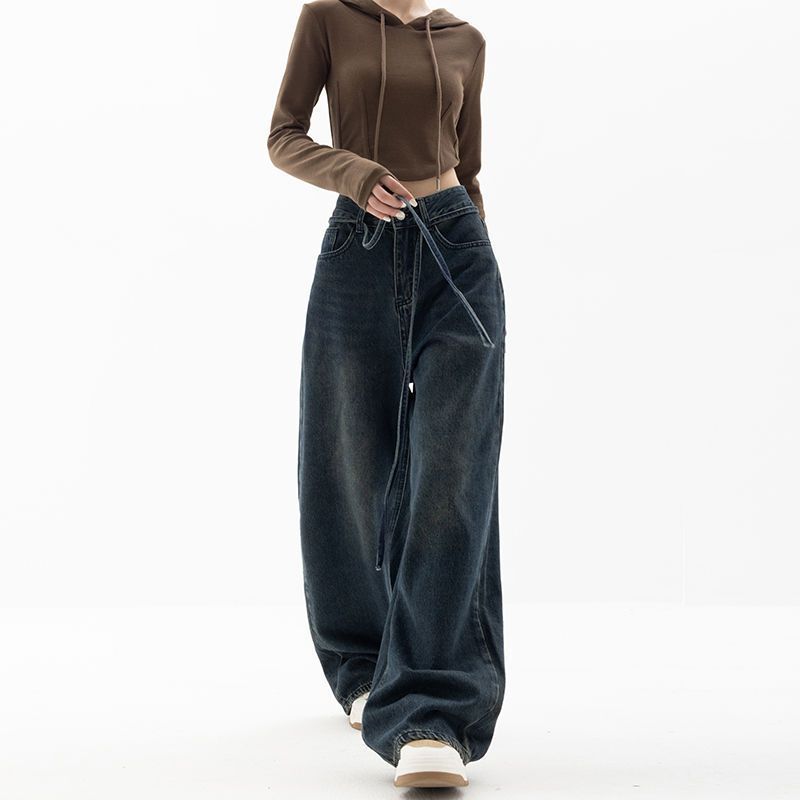 Pantalones vaqueros de mujer con cintura elástica, rectos y holgados, estilo americano