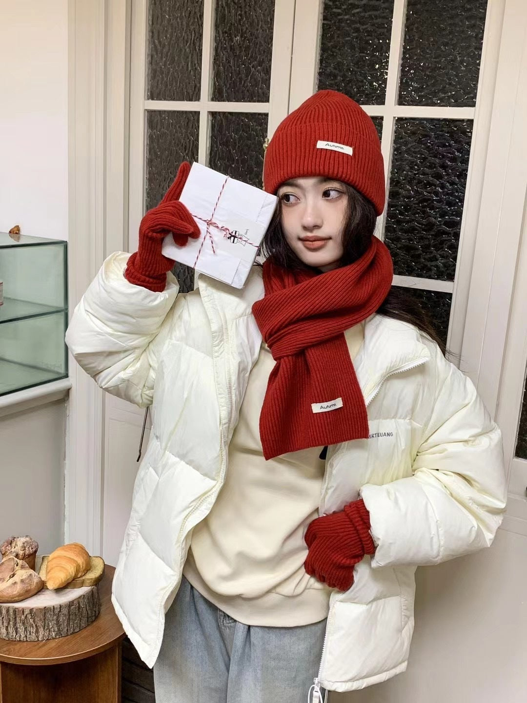 Traje de tres piezas térmico grueso de lana tejida de invierno, bufanda y gorro para niños