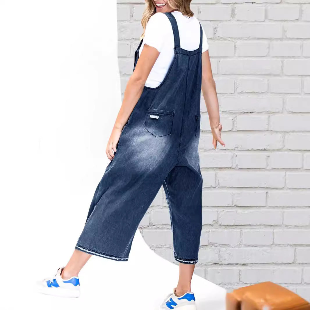 Pantalones de mezclilla con tirantes, ropa holgada para mujer