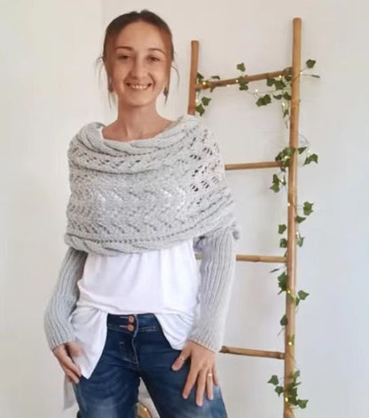 Chal de punto cálido para otoño e invierno, cuello chal de manga doble ahuecado para mujer, moda natural para el hogar y la fiesta