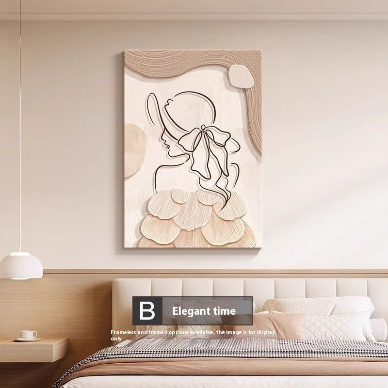 Mural de pintura decorativa con personajes de líneas abstractas en estilo crema