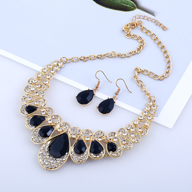 American jewelry fashion temperament Metal Necklace Earrings Set gem diamond drop bride accessories