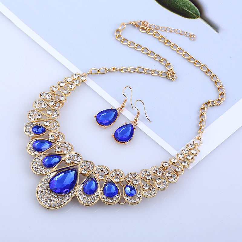 American jewelry fashion temperament Metal Necklace Earrings Set gem diamond drop bride accessories