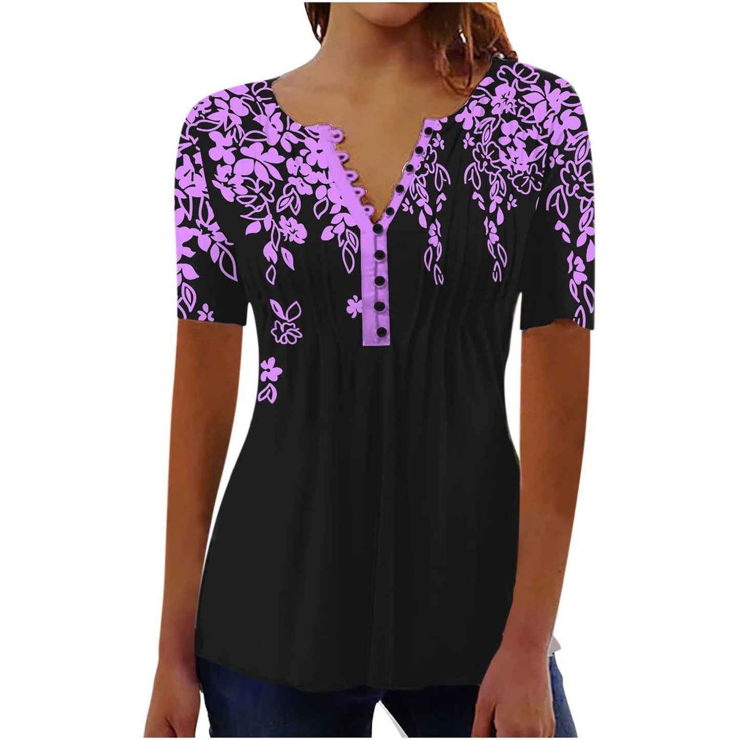 Camiseta de cuello redondo plisada con estampado digital 3D para mujer