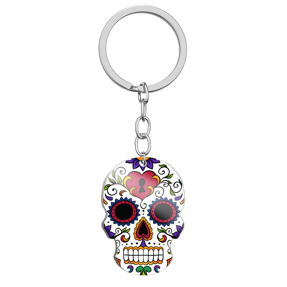 Day Of The Dead Skull Color Printing Stainless Steel Key Ring