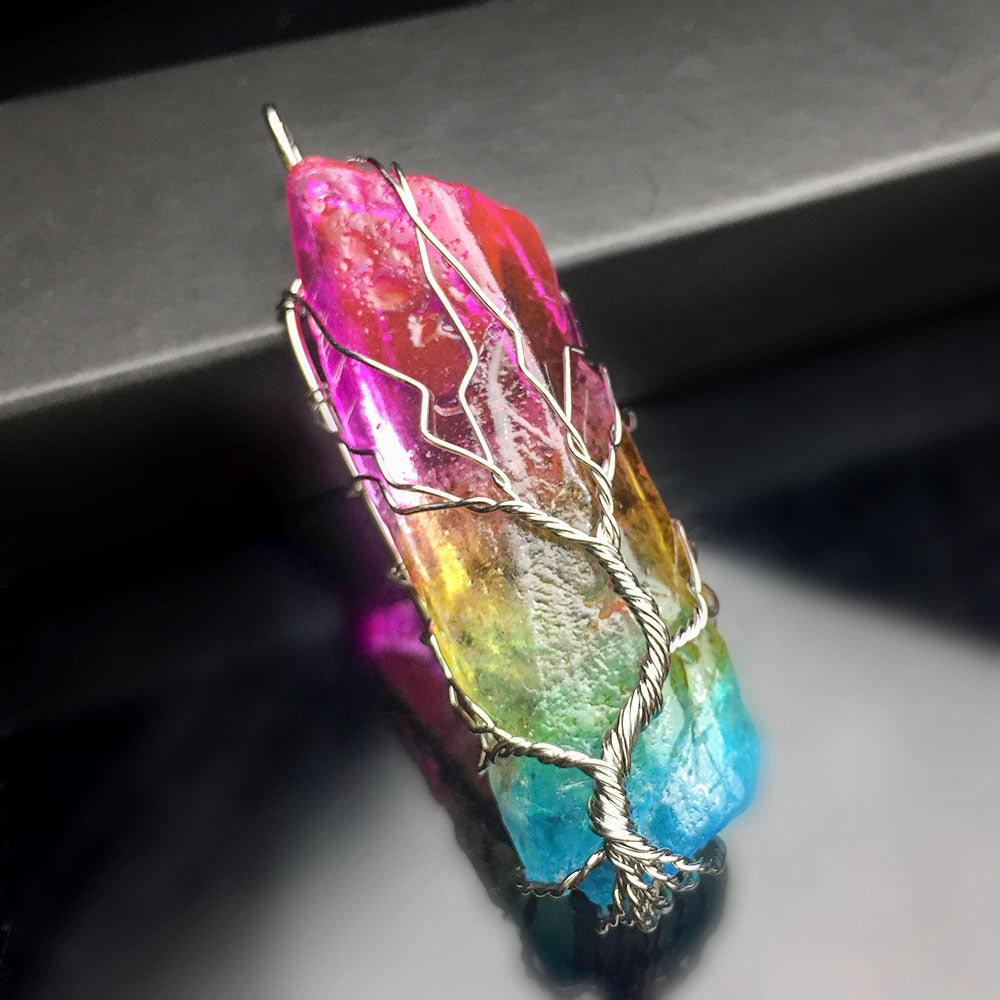 Colorful Electroplating Rough Stone Crystal Column Tree Of Life Pendant