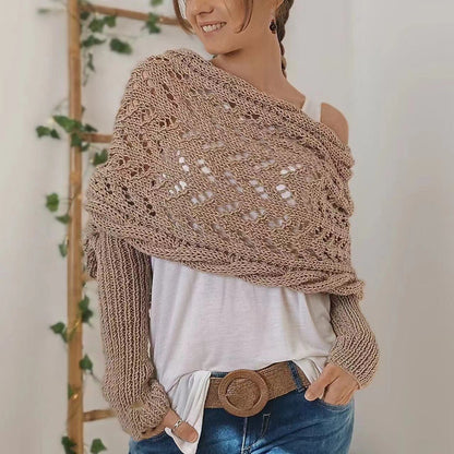 Chal de punto cálido para otoño e invierno, cuello chal de manga doble ahuecado para mujer, moda natural para el hogar y la fiesta