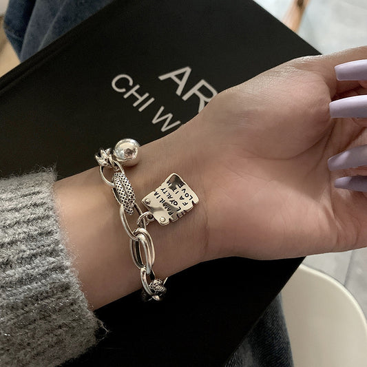 Pulsera de plata de ley S925 para mujer con placa cuadrada y letras sencillas