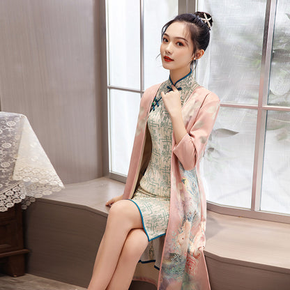 Vestido cheongsam de largo medio para mujer con gamuza y aodai