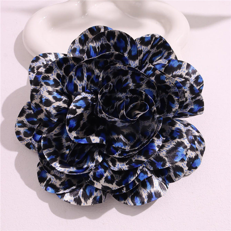 French Satin 19cm Fabric Exaggerated Leopard Large Flower Brooch