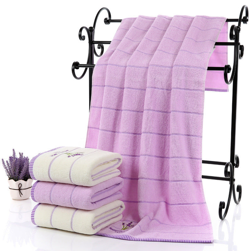 Toalla de baño con rayas bordadas, absorbente y suave en color lavanda