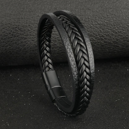 Pulsera trenzada de cuerda de cuero vintage estilo étnico con cierre magnético para hombre